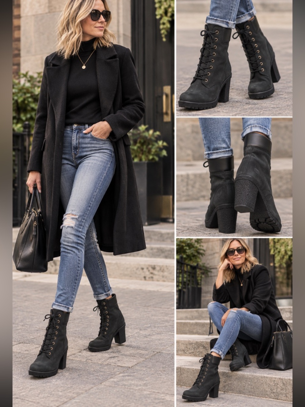 Timberland leather Black Lace-Up Block Heel Ankle Boots